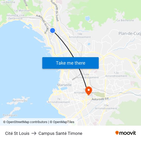 Cité St Louis to Campus Santé Timone map