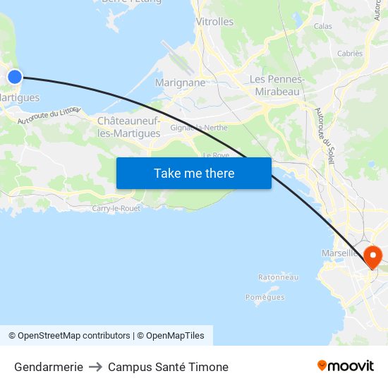 Gendarmerie to Campus Santé Timone map