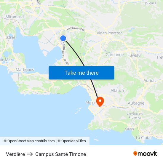 Verdière to Campus Santé Timone map