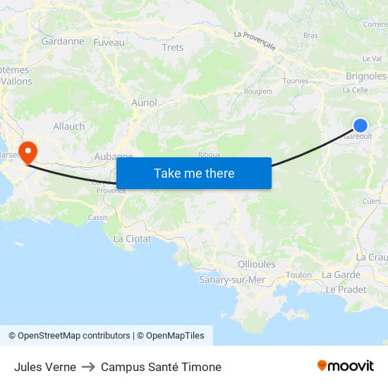 Jules Verne to Campus Santé Timone map