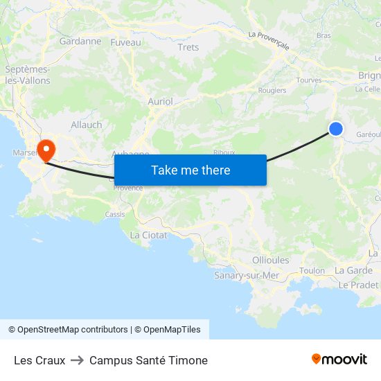 Les Craux to Campus Santé Timone map
