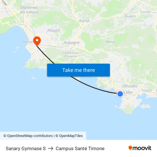 Sanary Gymnase S to Campus Santé Timone map