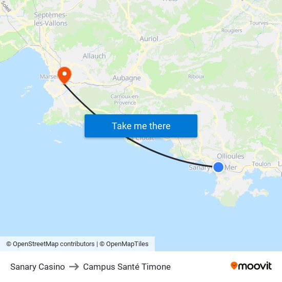 Sanary Casino to Campus Santé Timone map