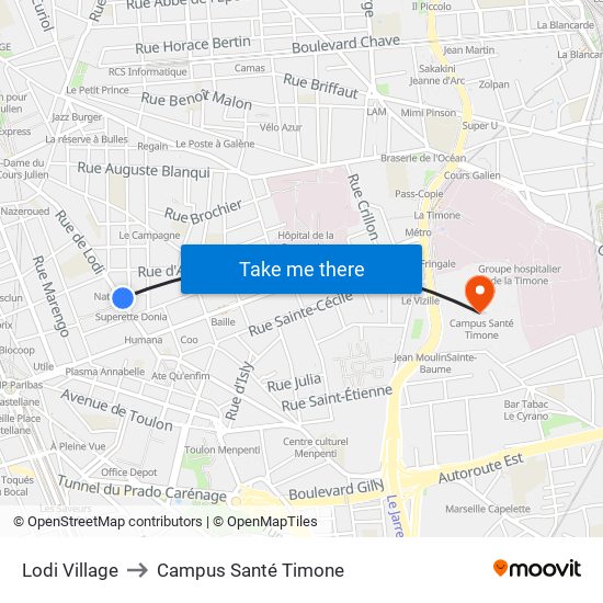 Lodi Village to Campus Santé Timone map