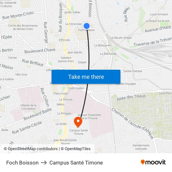 Foch Boisson to Campus Santé Timone map