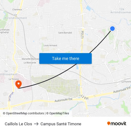 Caillols Le Clos to Campus Santé Timone map