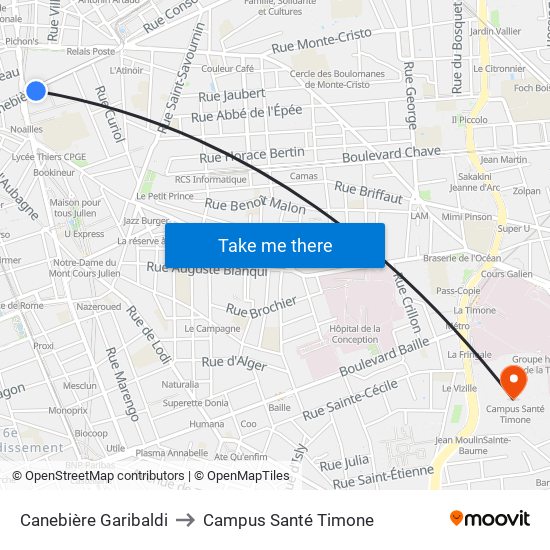 Canebière Garibaldi to Campus Santé Timone map