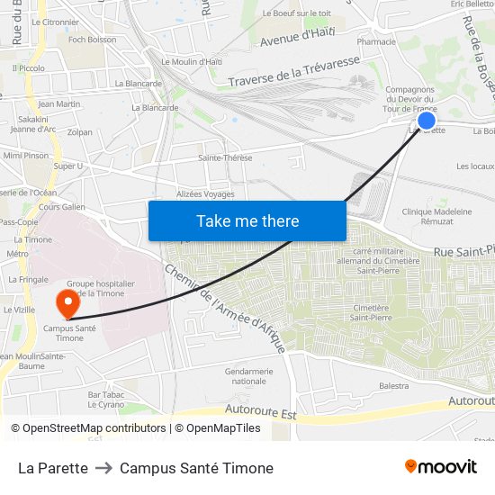 La Parette to Campus Santé Timone map