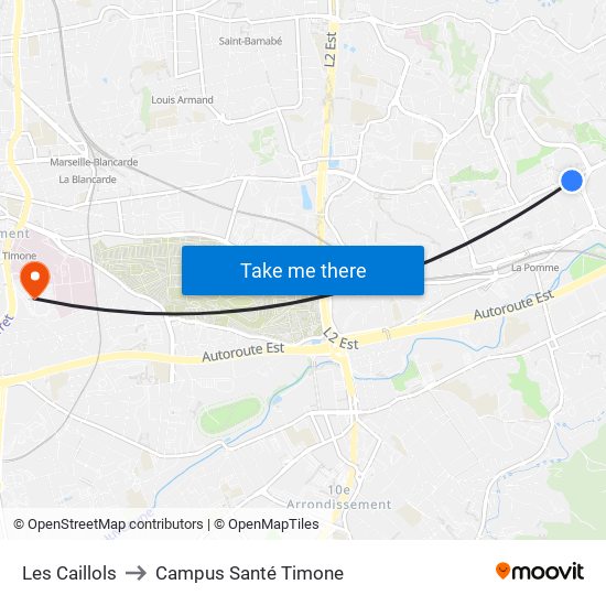 Les Caillols to Campus Santé Timone map