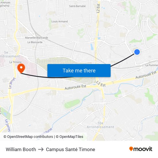 William Booth to Campus Santé Timone map