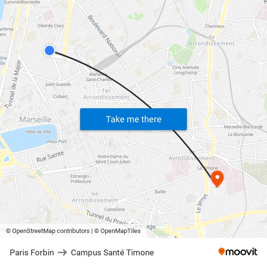 Paris Forbin to Campus Santé Timone map