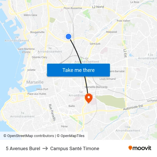5 Avenues Burel to Campus Santé Timone map