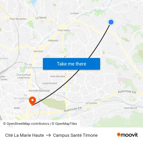 Cité La Marie Haute to Campus Santé Timone map