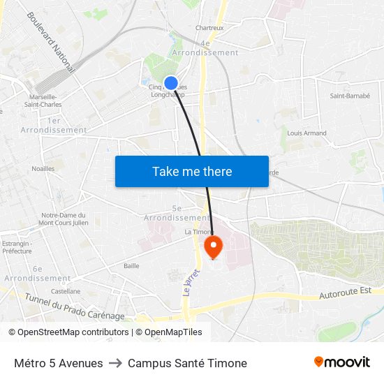 Métro 5 Avenues to Campus Santé Timone map