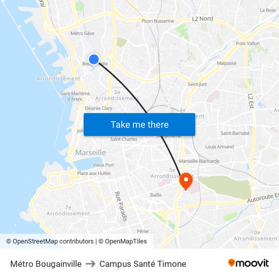 Métro Bougainville to Campus Santé Timone map