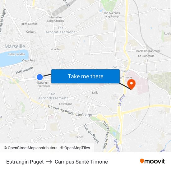 Estrangin Puget to Campus Santé Timone map