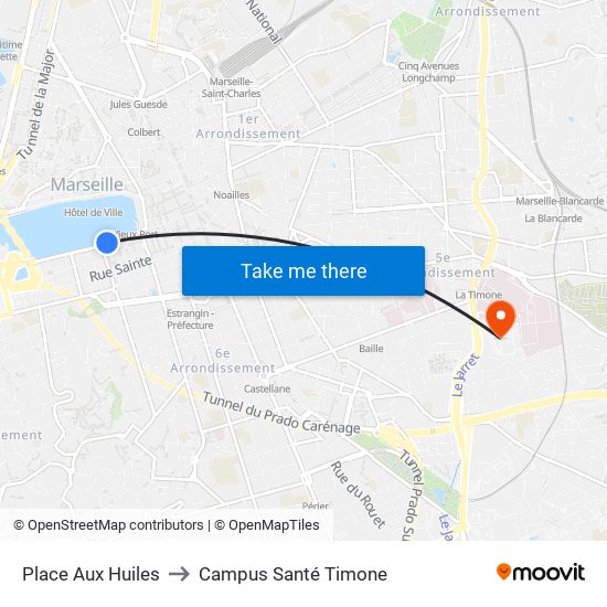 Place Aux Huiles to Campus Santé Timone map