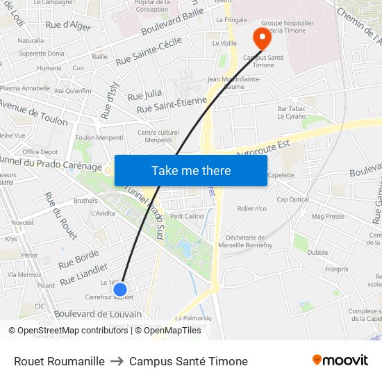 Rouet Roumanille to Campus Santé Timone map