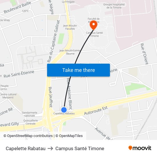 Capelette Rabatau to Campus Santé Timone map