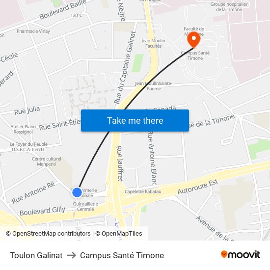 Toulon Galinat to Campus Santé Timone map