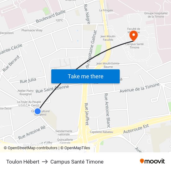 Toulon Hébert to Campus Santé Timone map