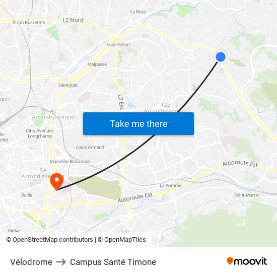 Vélodrome to Campus Santé Timone map