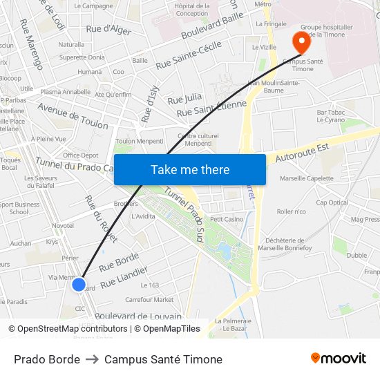 Prado Borde to Campus Santé Timone map