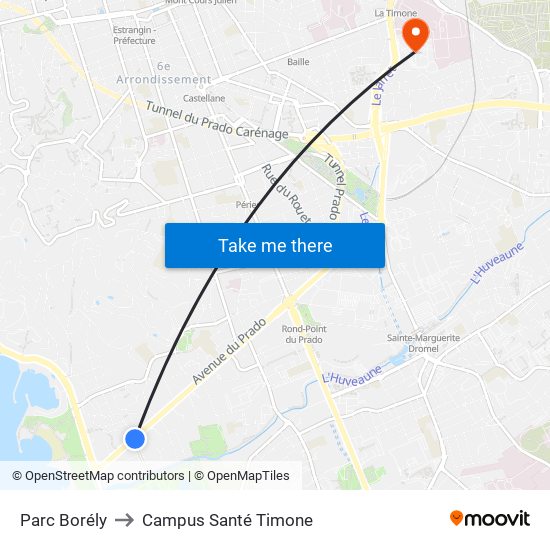 Parc Borély to Campus Santé Timone map