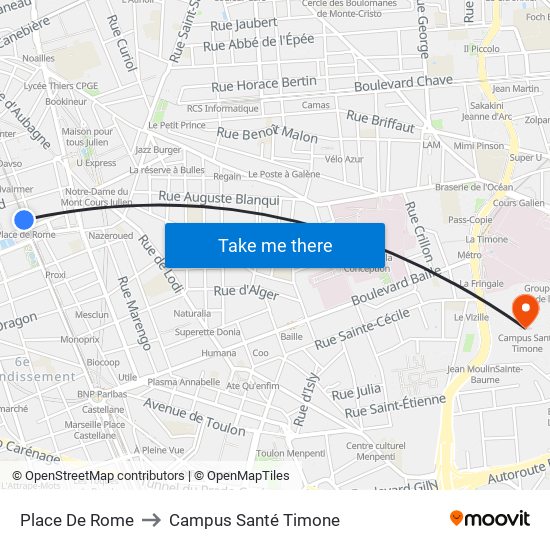 Place De Rome to Campus Santé Timone map