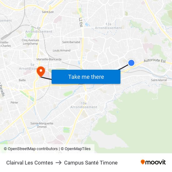 Clairval Les Comtes to Campus Santé Timone map