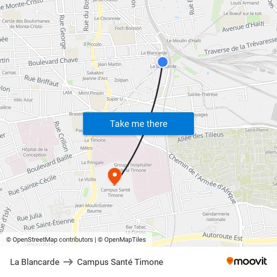 La Blancarde to Campus Santé Timone map