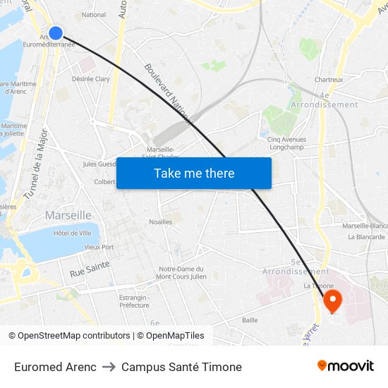 Euromed Arenc to Campus Santé Timone map