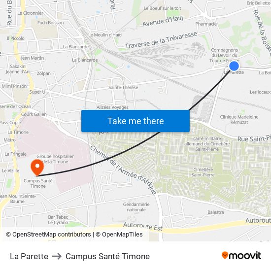 La Parette to Campus Santé Timone map