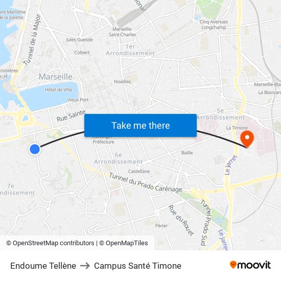 Endoume Tellène to Campus Santé Timone map