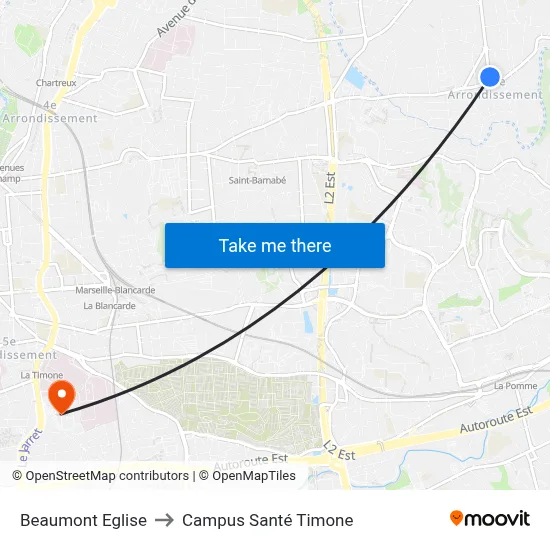 Beaumont Eglise to Campus Santé Timone map