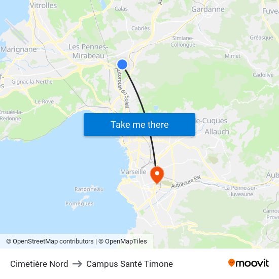 Cimetière Nord to Campus Santé Timone map