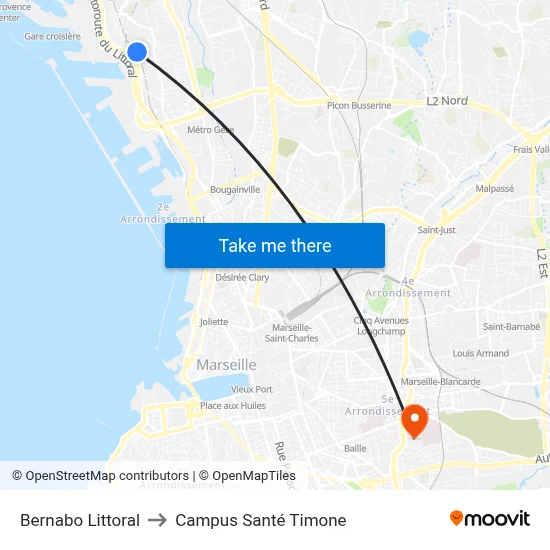 Bernabo Littoral to Campus Santé Timone map