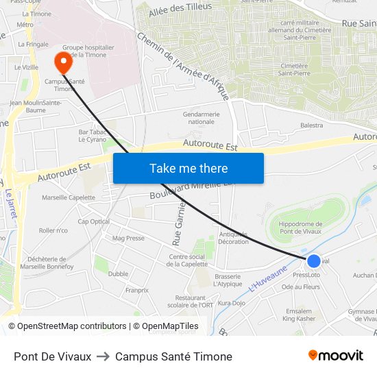 Pont De Vivaux to Campus Santé Timone map