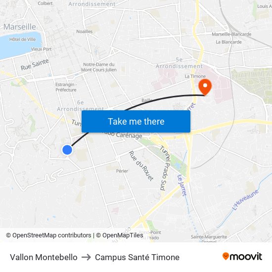 Vallon Montebello to Campus Santé Timone map