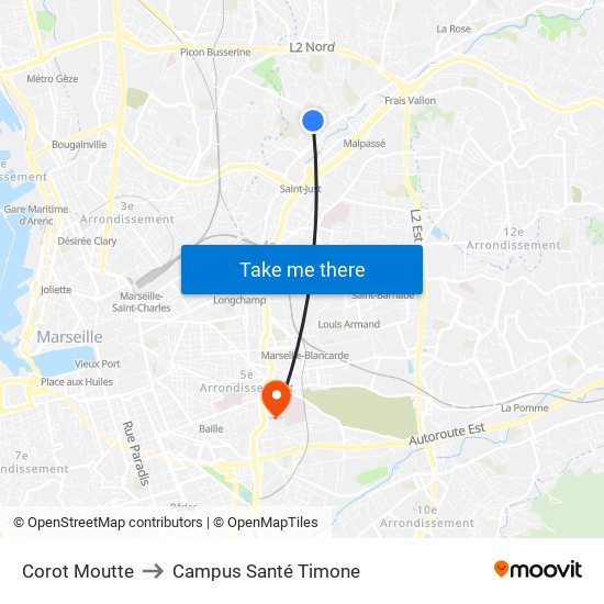Corot Moutte to Campus Santé Timone map