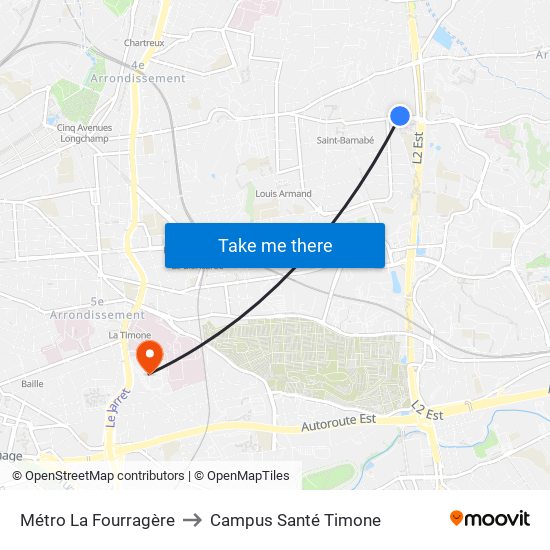 Métro La Fourragère to Campus Santé Timone map