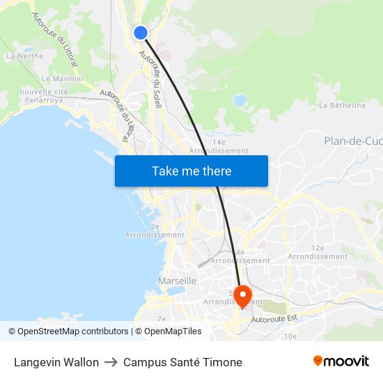 Langevin Wallon to Campus Santé Timone map