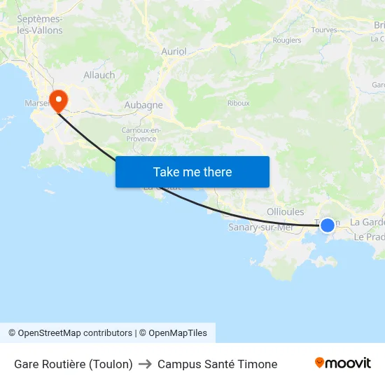 Gare Routière (Toulon) to Campus Santé Timone map