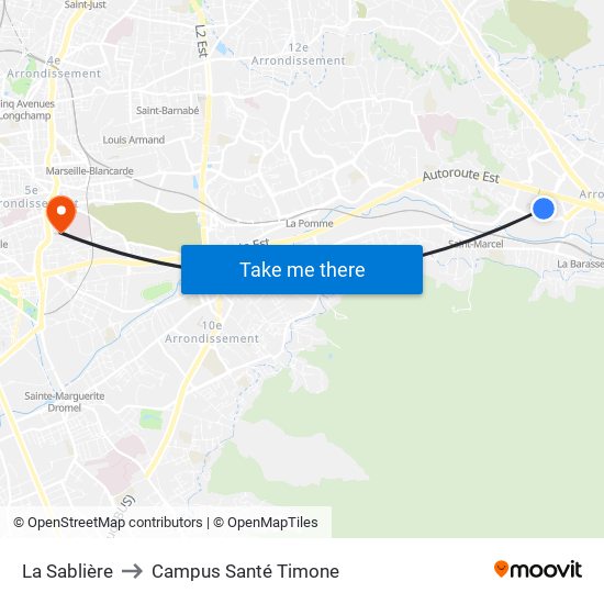 La Sablière to Campus Santé Timone map