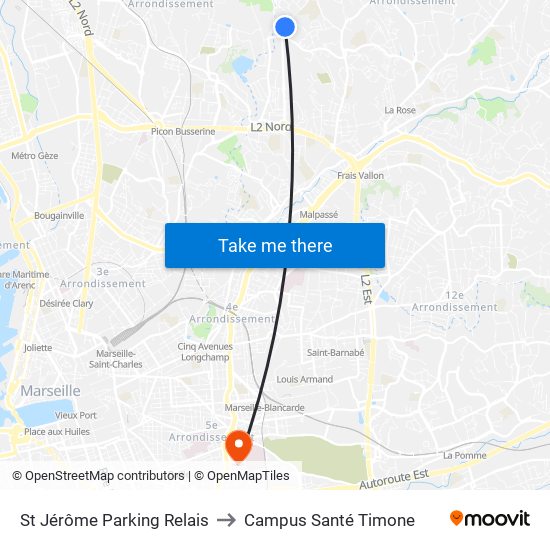 St Jérôme Parking Relais to Campus Santé Timone map