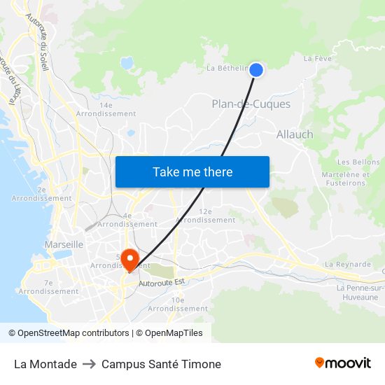 La Montade to Campus Santé Timone map