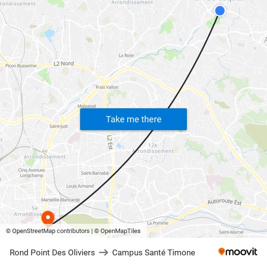 Rond Point Des Oliviers to Campus Santé Timone map