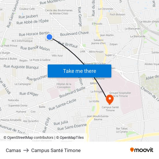 Camas to Campus Santé Timone map