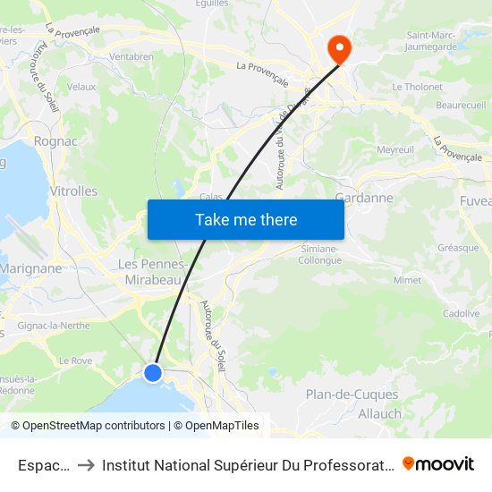 Espace Mistral to Institut National Supérieur Du Professorat Et De L'Éducation (Site D'Aix-En-Provence) map