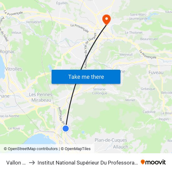 Vallon Des Tuves to Institut National Supérieur Du Professorat Et De L'Éducation (Site D'Aix-En-Provence) map